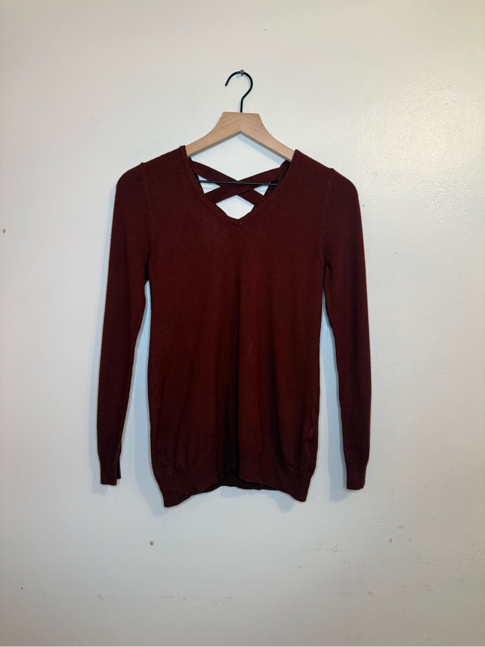 Crisscross V-Neck Long Sleeve Sweater - Burgundy